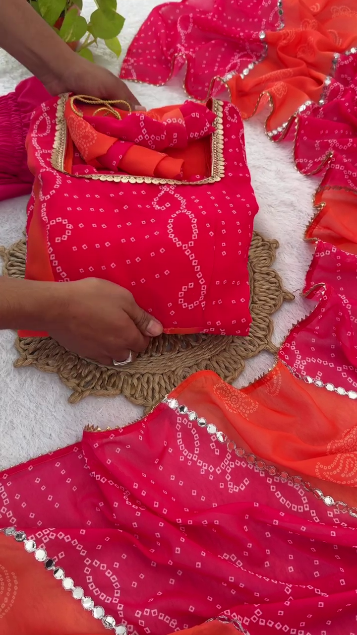Crimson and Orange Ombre Bandhani Gown with Gota-Patti Neckline