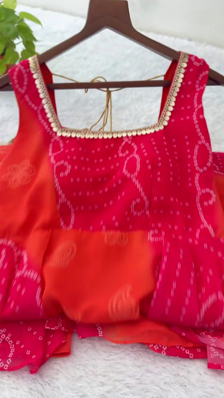 Crimson and Orange Ombre Bandhani Gown with Gota-Patti Neckline