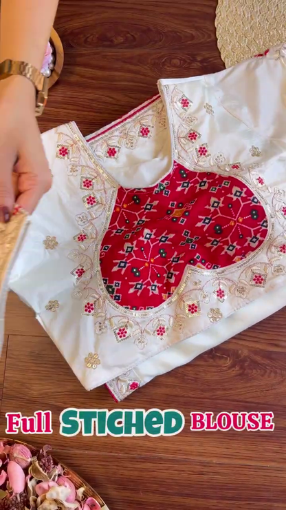 Ivory Silk Blouse with Patola-Print Bodice and Floral Zari Embroidery