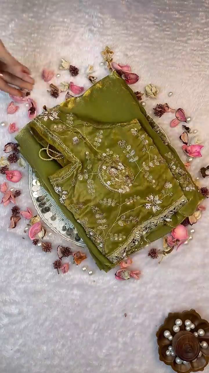 Olive Green Shimmer Silk Blouse with Scalloped Zari and Pearl Tassels