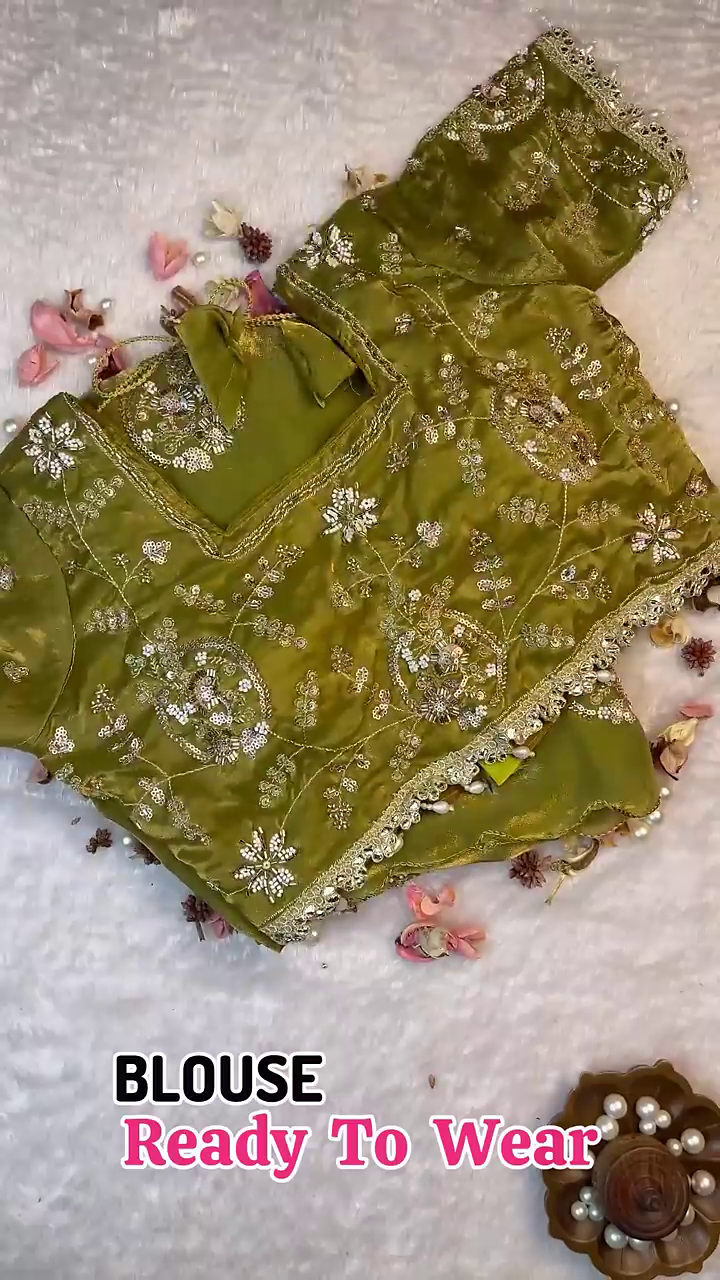 Olive Green Shimmer Silk Blouse with Scalloped Zari and Pearl Tassels