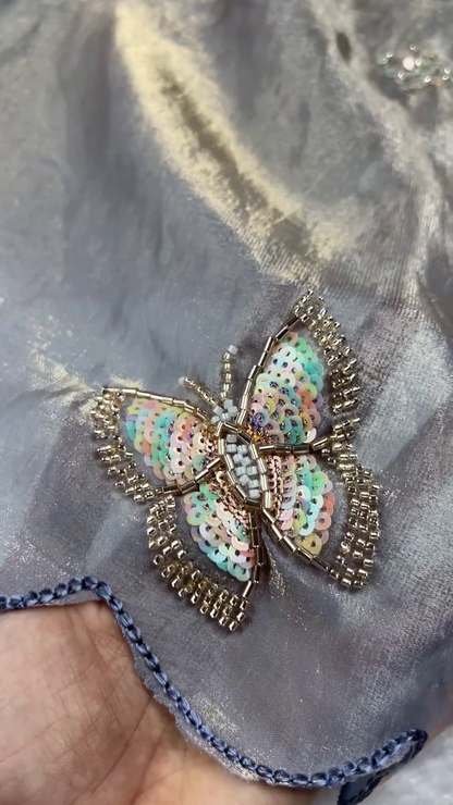 Steel Grey Shimmer Saree Set with 3D Iridescent Butterfly Appliqués