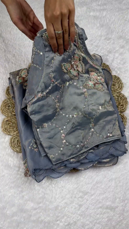 Steel Grey Shimmer Saree Set with 3D Iridescent Butterfly Appliqués