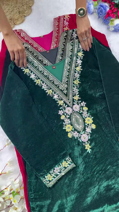 Majestic Velvet Kurta Set with Intricate Floral V-Neck Embroidery