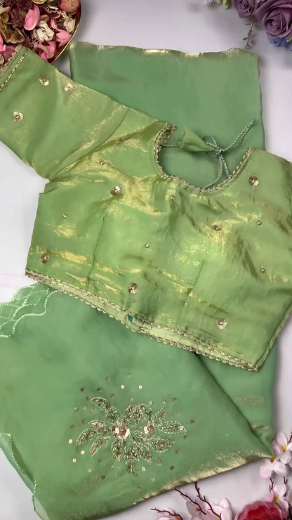 Luminous Shimmer Silk Saree with Hand-Embroidered Floral Zari Butta