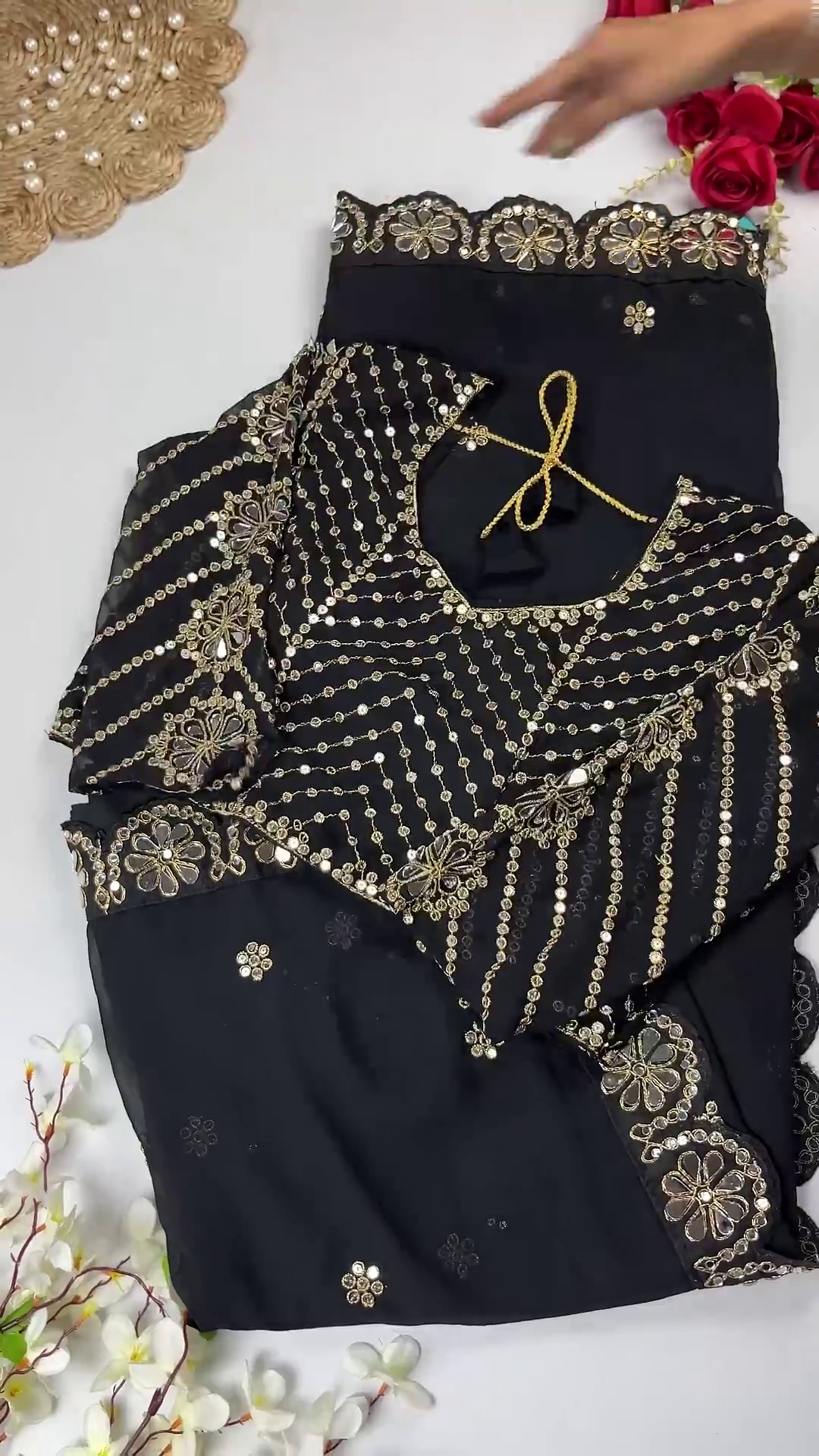 Georgette Saree Set with Hand-Embroidered Mirror-Work Floral Border