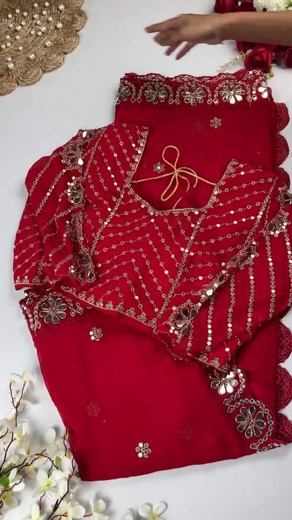 Crimson Silk-Blend Blouse with Floral Zari Jaal and Pearl Droplets