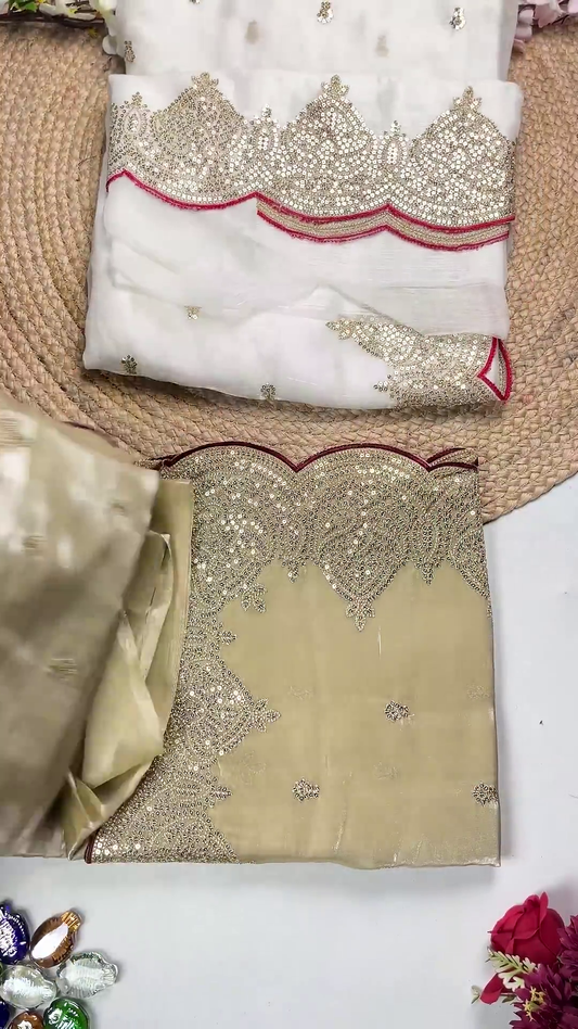 Ivory Shimmer Organza Saree with Scalloped Sequin Borders
