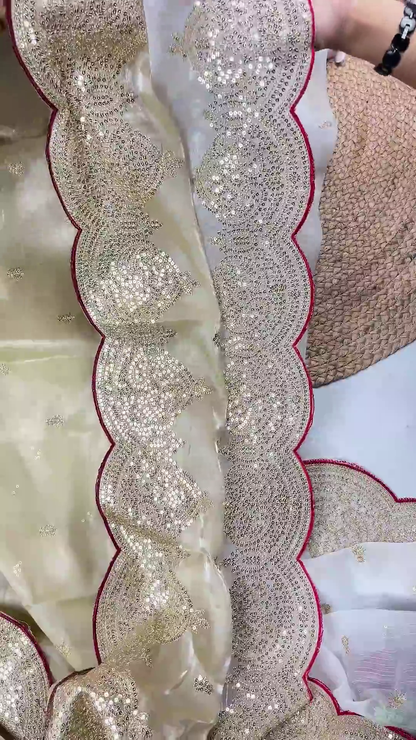 Ivory Shimmer Organza Saree with Scalloped Sequin Borders