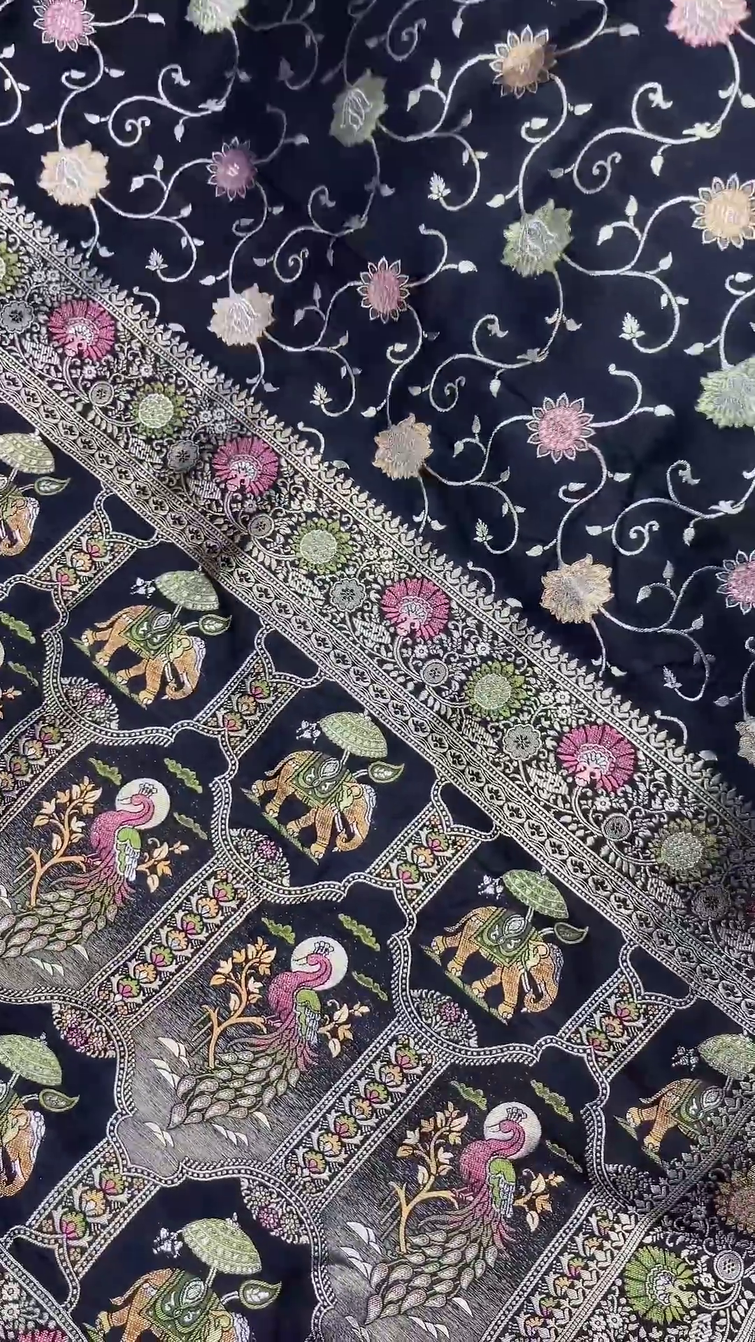 Midnight Black Patola-Print Silk Saree with Lime Green Scalloped Border