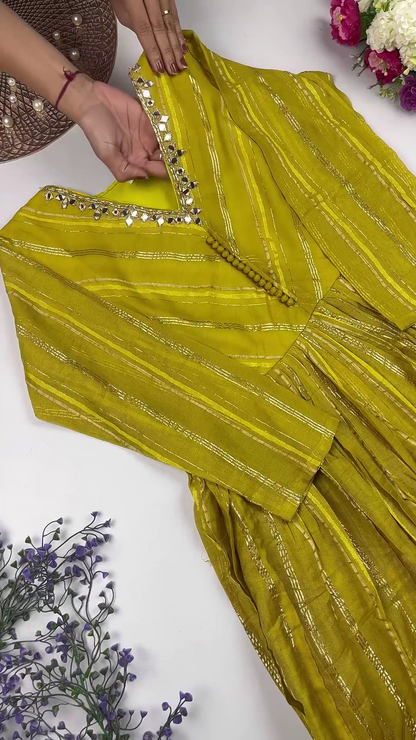 Jewel-Toned Gown with Lurex Stripes and Mirror-Work V-Neck
