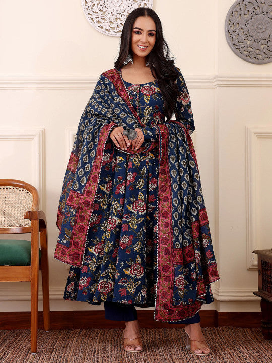 Floral Printed Anarkali Kurta With Trousers And Dupatta