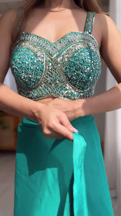 Teal Embellished Saree with Structured Blouse Detailing – A Modern Classic for Elegant Celebrations