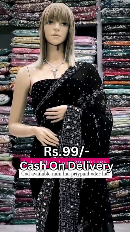 Midnight Noir Shimmer Saree with Mirror-Work Artistry