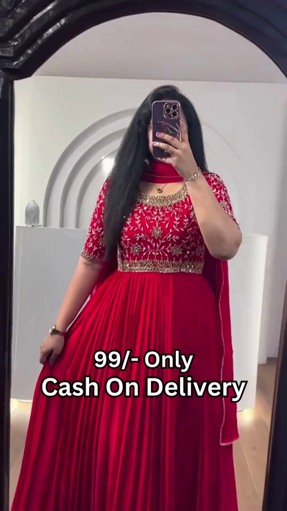 Royal Purple Pleated Anarkali Gown with Mirror Work