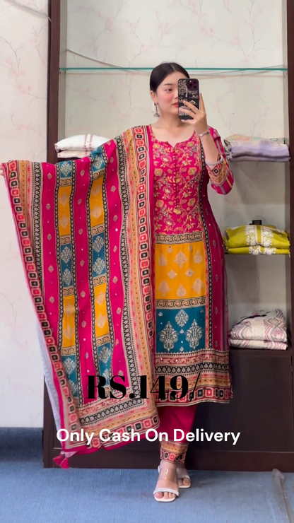 Royal Magenta Multi-Color Printed Suit Set
