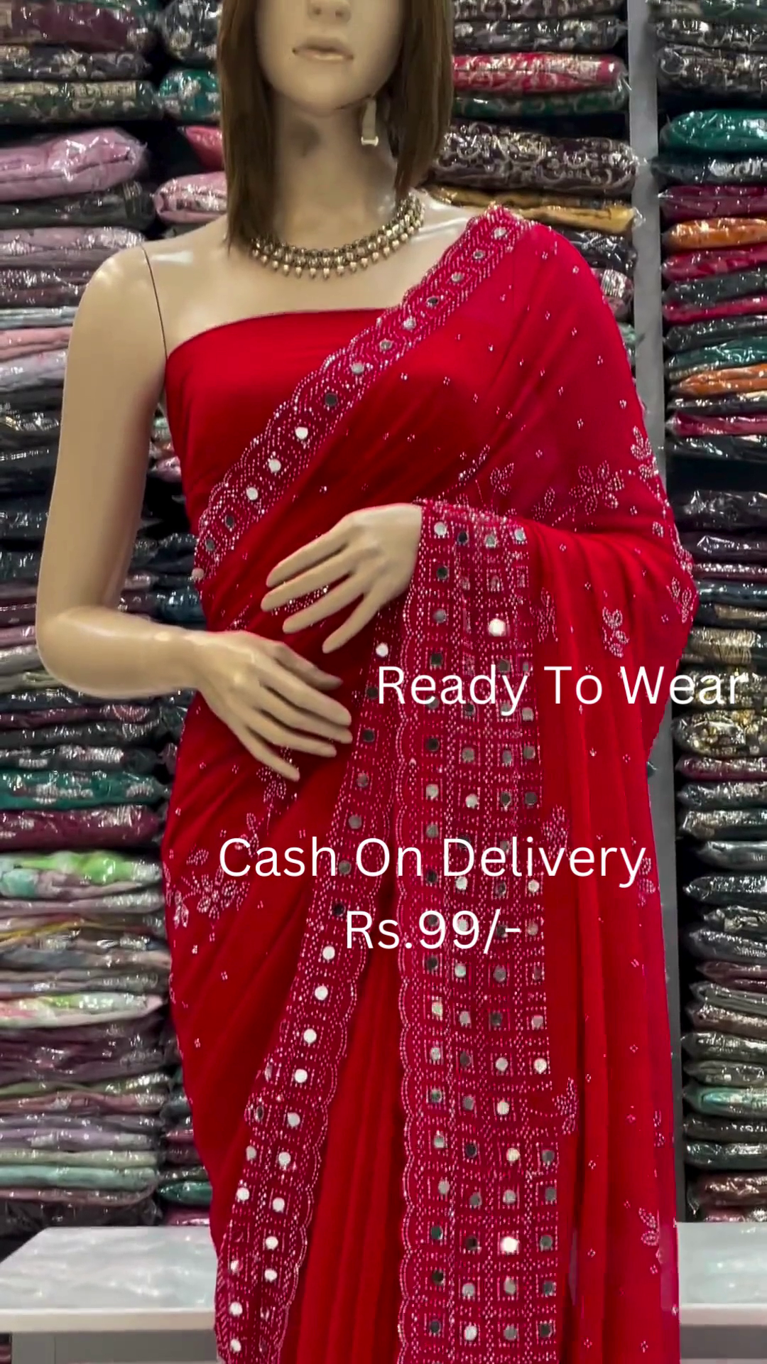 Crimson Radiance: Embroidered Mirror-Work Saree