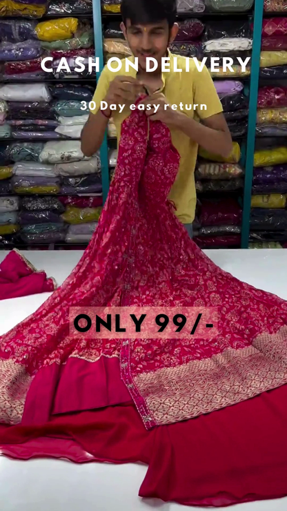 Clover Candy Pink Embroidered Kurti with Sharara and Organza Dupatta (Set of 3)