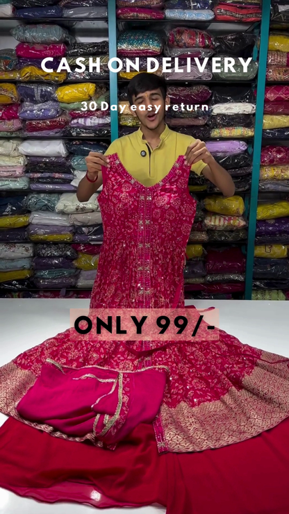 Clover Candy Pink Embroidered Kurti with Sharara and Organza Dupatta (Set of 3)